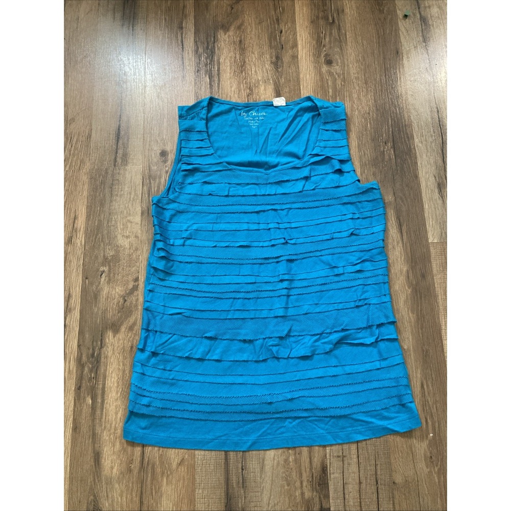Chicos Tank Top Size O Women's Small Teal Blue Cotton Blend Layered Ruffles